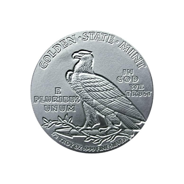 1/2 OZ SILVER ROUND INCUSE INDIAN DESIGN GOLDEN STATE MINT - Image 2